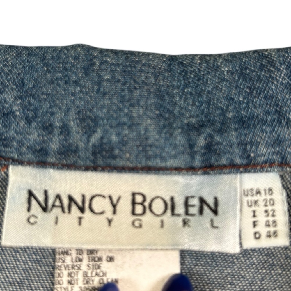 VTG 90s Nancy Bolen Western Boho Denim Shacket Snake Print Feather Trim Sz 18 - Picture 4 of 16